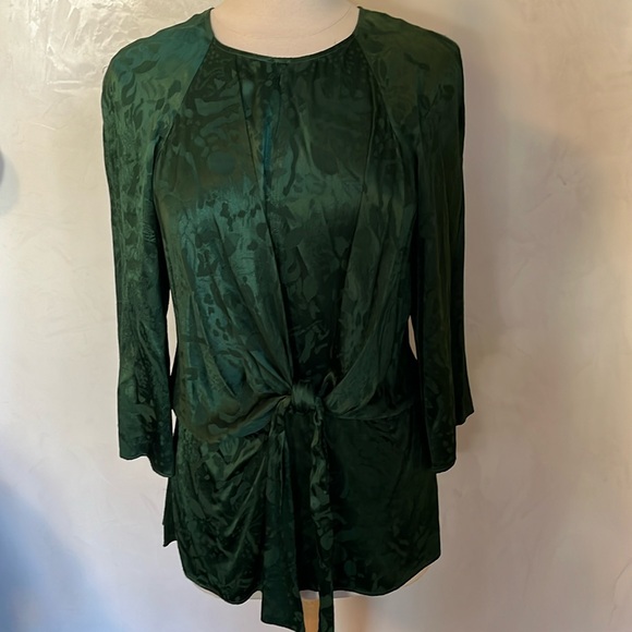 Zara Emerald Green Top w/floral print front tie & Kimono 3/4 Sleeves Size Large - Picture 1 of 8
